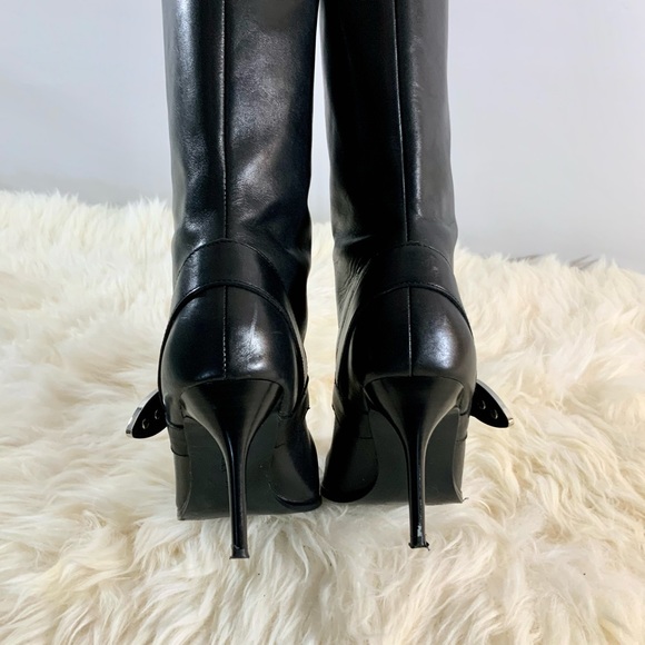ZARA Cowboy Buckle Black Leather Pointed Toe Slip On Heel Boots Sz 7.5US - Picture 6 of 15